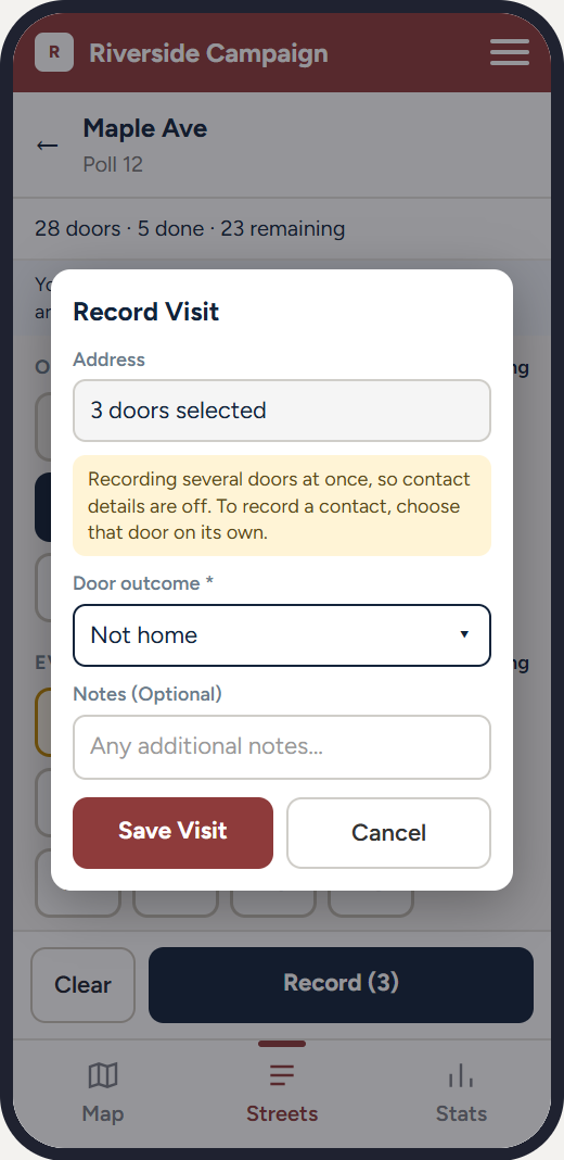 The visit form recording three selected doors at once, with a note that contact details are left out