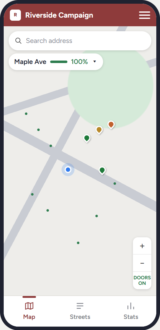 Map tab: address search, the area being worked with its progress, and doors coloured by answer