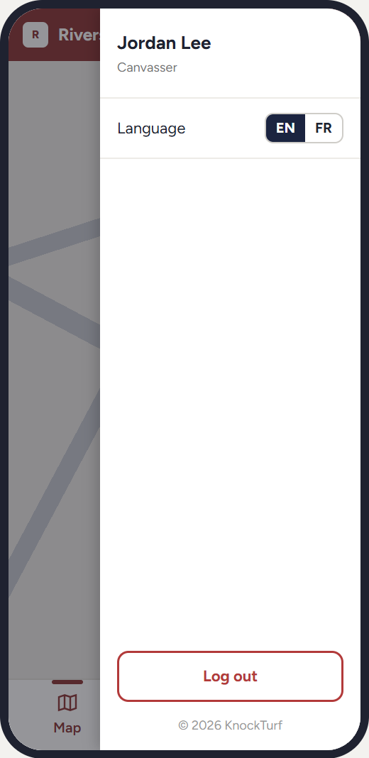 The menu: the canvasser's name, the English and French switch, and Log out set apart at the bottom