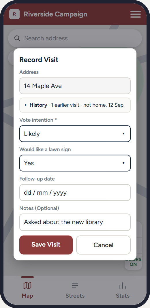 The Record Visit form for 14 Maple Ave: the door's history, vote intention answered Likely, lawn sign Yes, a follow-up date and a note
