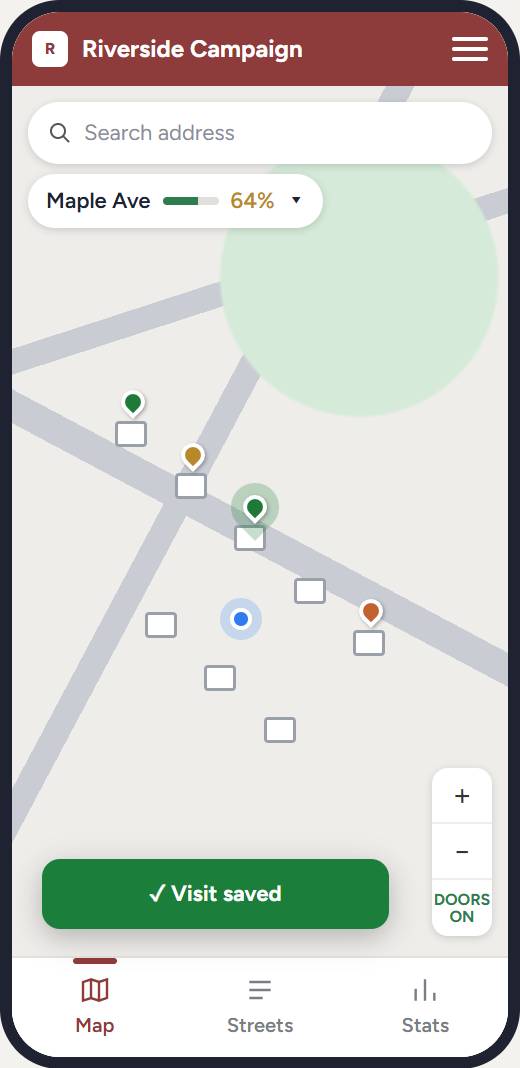 Back on the map after saving: the house now has a green pin and a Visit saved message