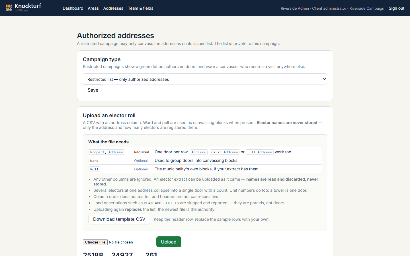 The authorised addresses page: choose a restricted list, see what the CSV needs, and upload the elector roll