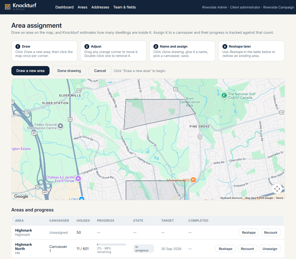 The area assignment screen: canvassing areas drawn on a map, with a table of each area, its canvasser, doors and progress