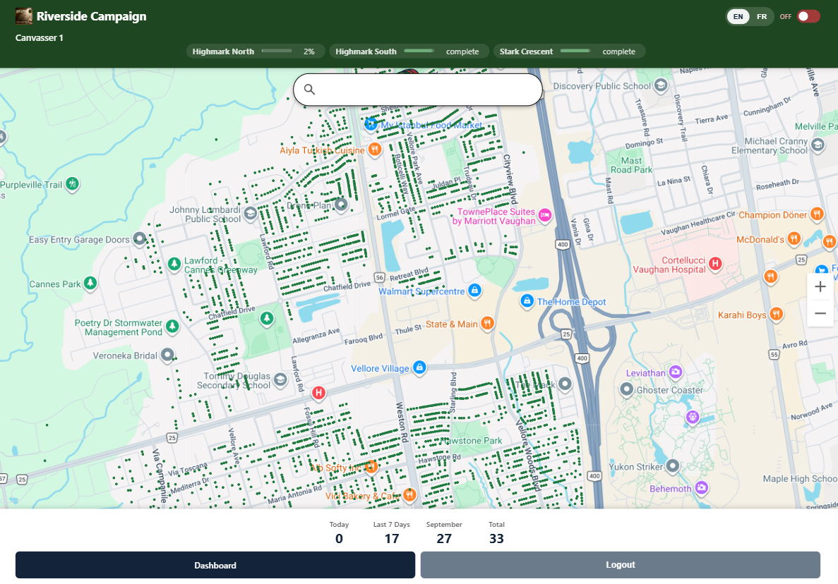 The canvasser map with every authorised address from the list marked as a green dot